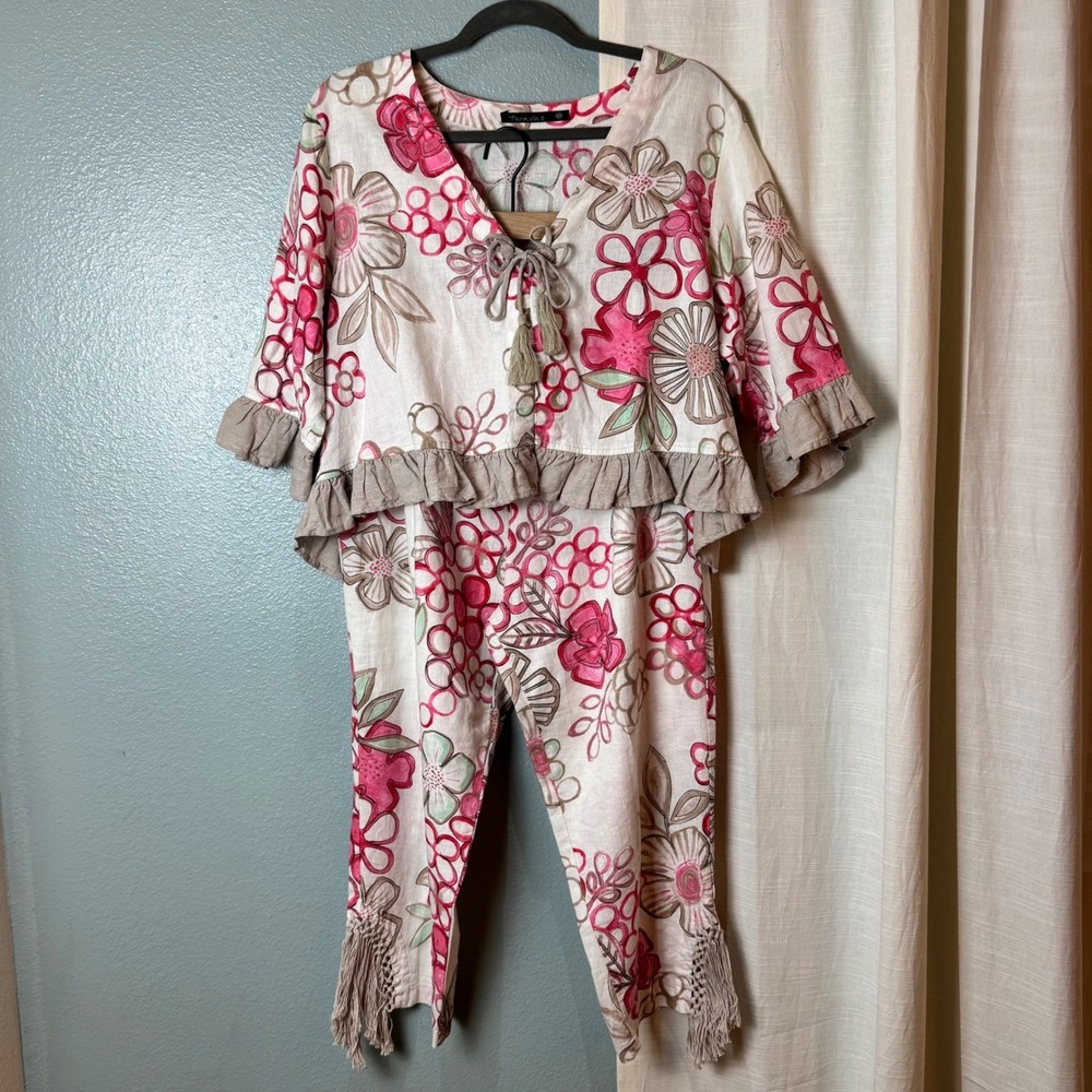 Taravao Floral Linen Blend 2-Piece Set Women Top M Pants Large Pink White ‎ Boho